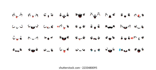 Various Cartoon Emoticons Set. Doodle faces, eyes and mouth. Caricature comic expressive emotions, smiling, crying and surprised character face expressions. Isolated vector illustration icons set