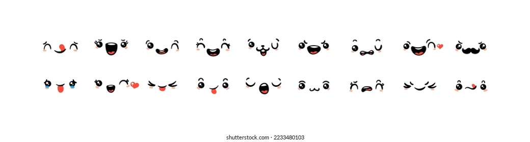 Various Cartoon Emoticons Set. Doodle faces, eyes and mouth. Caricature comic expressive emotions, smiling, crying and surprised character face expressions. Isolated vector illustration icons set