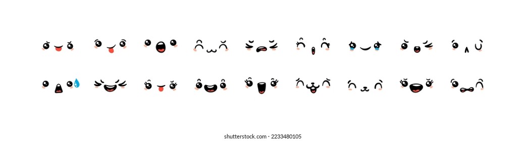 Various Cartoon Emoticons Set. Doodle faces, eyes and mouth. Caricature comic expressive emotions, smiling, crying and surprised character face expressions. Isolated vector illustration icons set