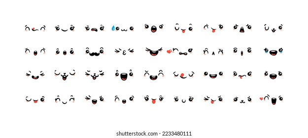 Various Cartoon Emoticons Set. Doodle faces, eyes and mouth. Caricature comic expressive emotions, smiling, crying and surprised character face expressions. Isolated vector illustration icons set