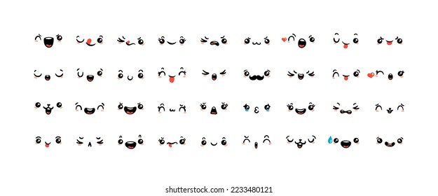 Various Cartoon Emoticons Set. Doodle faces, eyes and mouth. Caricature comic expressive emotions, smiling, crying and surprised character face expressions. Isolated vector illustration icons set