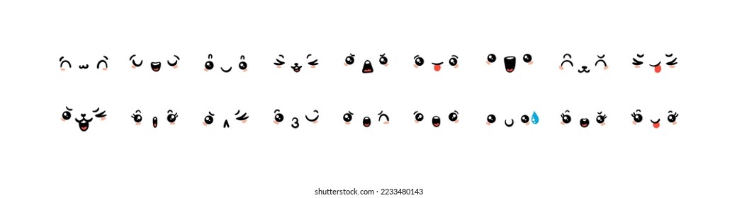 Various Cartoon Emoticons Set. Doodle faces, eyes and mouth. Caricature comic expressive emotions, smiling, crying and surprised character face expressions. Isolated vector illustration icons set