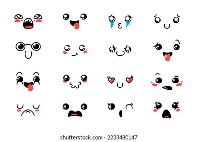 Various Cartoon Emoticons Set. Doodle faces, eyes and mouth. Caricature comic expressive emotions, smiling, crying and surprised character face expressions. Isolated vector illustration icons set