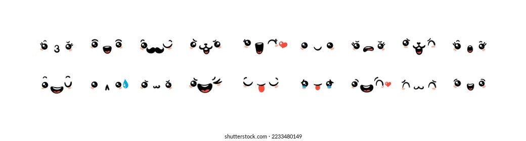 Various Cartoon Emoticons Set. Doodle faces, eyes and mouth. Caricature comic expressive emotions, smiling, crying and surprised character face expressions. Isolated vector illustration icons set