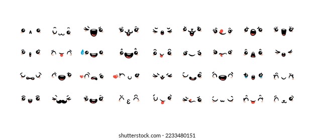 Various Cartoon Emoticons Set. Doodle faces, eyes and mouth. Caricature comic expressive emotions, smiling, crying and surprised character face expressions. Isolated vector illustration icons set