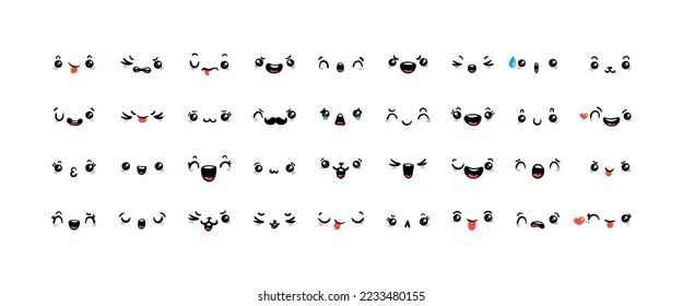 Various Cartoon Emoticons Set. Doodle faces, eyes and mouth. Caricature comic expressive emotions, smiling, crying and surprised character face expressions. Isolated vector illustration icons set
