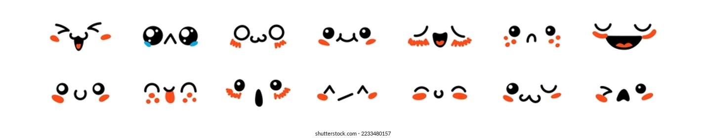 Various Cartoon Emoticons Set. Doodle faces, eyes and mouth. Caricature comic expressive emotions, smiling, crying and surprised character face expressions. Isolated vector illustration icons set