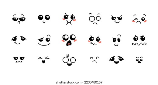 Various Cartoon Emoticons Set. Doodle faces, eyes and mouth. Caricature comic expressive emotions, smiling, crying and surprised character face expressions. Isolated vector illustration icons set