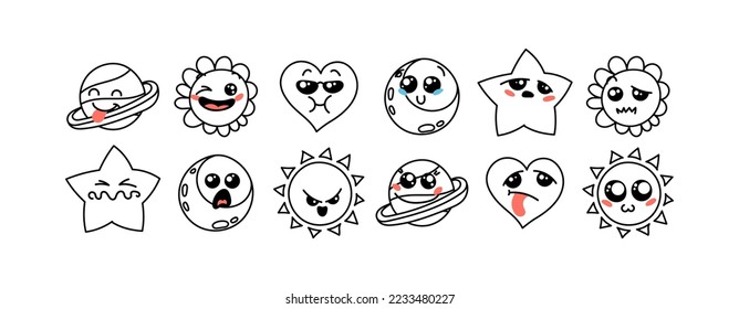 Various Cartoon Emoticons Set. Doodle faces, eyes and mouth. Caricature comic expressive emotions, smiling, crying and surprised character face expressions. Isolated vector illustration icons set