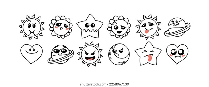 Various Cartoon Emoticons Set. Doodle faces, eyes and mouth. Caricature comic expressive emotions, smiling, crying and surprised character face expressions. Isolated vector illustration icons set