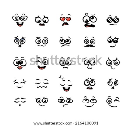 Various Cartoon Emoticons Set. Doodle faces, eyes and mouth. Caricature comic expressive emotions, smiling, crying and surprised character face expressions. Isolated vector illustration icons set