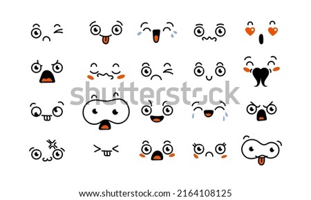 Various Cartoon Emoticons Set. Doodle faces, eyes and mouth. Caricature comic expressive emotions, smiling, crying and surprised character face expressions. Isolated vector illustration icons set