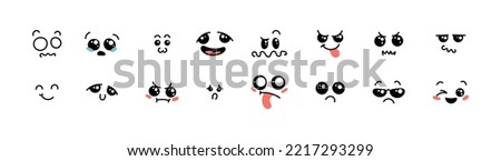 Various Cartoon Emoticons Set. Doodle faces, eyes and mouth. Caricature comic expressive emotions, smiling, crying and surprised character face expressions. Isolated vector illustration icons set