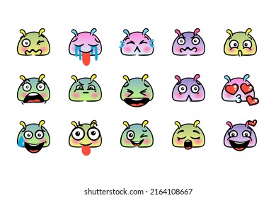 Various Cartoon Emoticons Set with Snails or Slugs. Doodle faces, eyes and mouth. Caricature comic expressive emotions, smiling, crying and surprised character face expressions