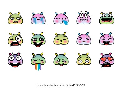 Various Cartoon Emoticons Set with Snails or Slugs. Doodle faces, eyes and mouth. Caricature comic expressive emotions, smiling, crying and surprised character face expressions