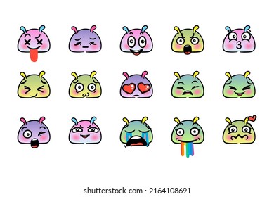 Various Cartoon Emoticons Set with Snails or Slugs. Doodle faces, eyes and mouth. Caricature comic expressive emotions, smiling, crying and surprised character face expressions