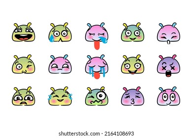 Various Cartoon Emoticons Set with Snails or Slugs. Doodle faces, eyes and mouth. Caricature comic expressive emotions, smiling, crying and surprised character face expressions