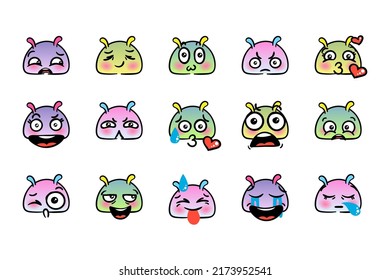 Various Cartoon Emoticons Set with Snails or Slugs. Doodle faces, eyes and mouth. Caricature comic expressive emotions, smiling, crying and surprised character face expressions. Isolated vector