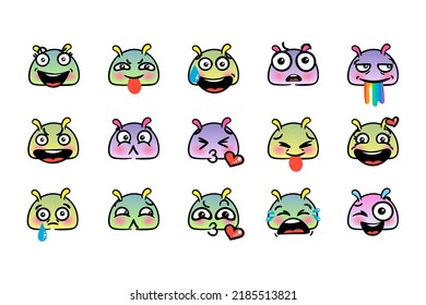 Various Cartoon Emoticons Set with Snails or Slugs. Doodle faces, eyes and mouth. Caricature comic expressive emotions, smiling, crying and surprised character face expressions. Isolated vector 