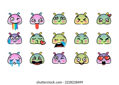 Various Cartoon Emoticons Set with Snails or Slugs. Doodle faces, eyes and mouth. Caricature comic expressive emotions, smiling, crying and surprised character face expressions. Isolated vector