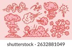 Various cartoon Explosions. Bomb, fire cloud, explosion burst, boom, blast, bang, smoke, gas puffs. Retro, vintage, comic style. Hand drawn trendy Vector illustration. Isolated design elements