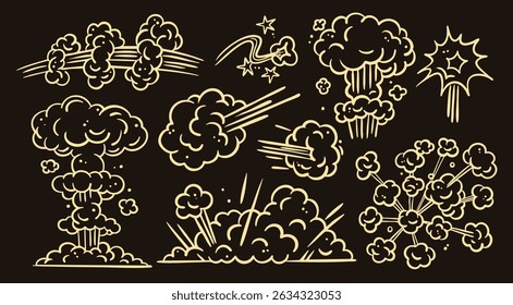 Varias explosiones de dibujos animados. Bomba, nube de fuego, explosión, explosión, explosión, explosión, humo, gas. Estilo retro, vintage, cómico. Ilustración vectorial de moda dibujada a mano. Elementos de diseño aislados