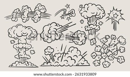 Various cartoon Explosions. Bomb, fire cloud, explosion burst, boom, blast, bang, smoke, gas puffs. Retro, vintage, comic style. Hand drawn trendy Vector illustration. Isolated design elements