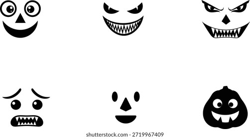 Various cartoon faces with different expressions and teeth on white background