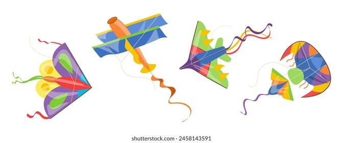 Various cartoon flying kites in shape of plane, butterfly hovering isolated on white background