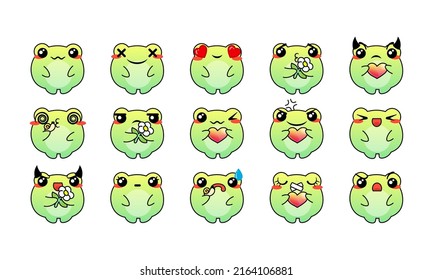 Various Cartoon Frogs Set. Doodle faces, eyes and mouth. Caricature comic expressive emotions, smiling, crying and surprised character face expressions. Isolated vector illustration icons set