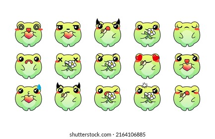 Various Cartoon Frogs Set. Doodle faces, eyes and mouth. Caricature comic expressive emotions, smiling, crying and surprised character face expressions. Isolated vector illustration icons set