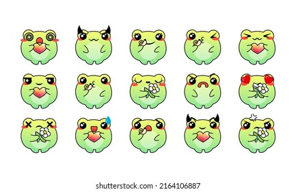 Various Cartoon Frogs Set. Doodle faces, eyes and mouth. Caricature comic expressive emotions, smiling, crying and surprised character face expressions. Isolated vector illustration icons set