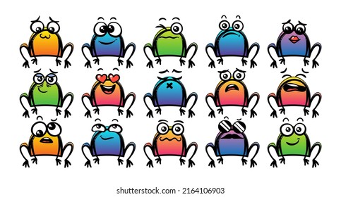 Various Cartoon Frogs Set. Doodle faces, eyes and mouth. Caricature comic expressive emotions, smiling, crying and surprised character face expressions. Isolated vector illustration icons set