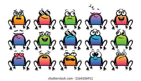 Various Cartoon Frogs Set. Doodle faces, eyes and mouth. Caricature comic expressive emotions, smiling, crying and surprised character face expressions. Isolated vector illustration icons set