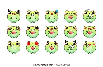 Various Cartoon Frogs Set. Doodle faces, eyes and mouth. Caricature comic expressive emotions, smiling, crying and surprised character face expressions. Isolated vector illustration icons set