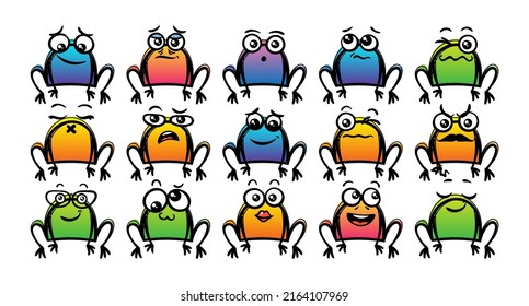 Various Cartoon Frogs Set. Doodle faces, eyes and mouth. Caricature comic expressive emotions, smiling, crying and surprised character face expressions. Isolated vector illustration icons set