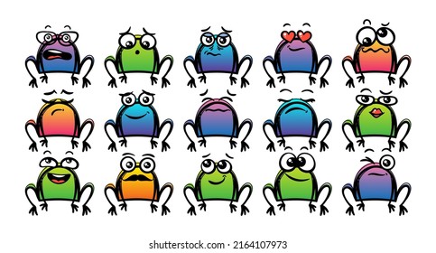 Various Cartoon Frogs Set. Doodle faces, eyes and mouth. Caricature comic expressive emotions, smiling, crying and surprised character face expressions. Isolated vector illustration icons set