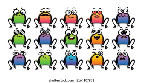 Various Cartoon Frogs Set. Doodle faces, eyes and mouth. Caricature comic expressive emotions, smiling, crying and surprised character face expressions. Isolated vector illustration icons set