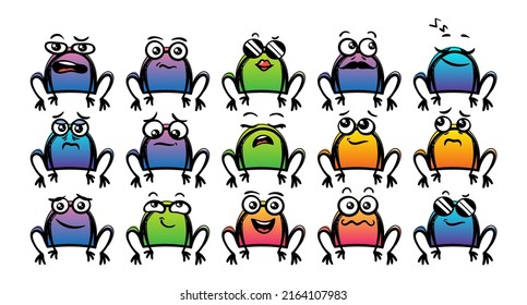 Various Cartoon Frogs Set. Doodle faces, eyes and mouth. Caricature comic expressive emotions, smiling, crying and surprised character face expressions. Isolated vector illustration icons set
