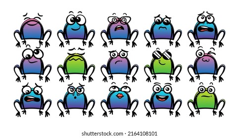Various Cartoon Frogs Set. Doodle faces, eyes and mouth. Caricature comic expressive emotions, smiling, crying and surprised character face expressions. Isolated vector illustration icons set
