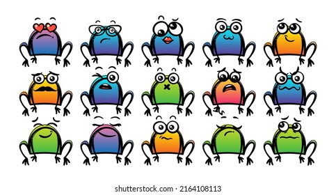 Various Cartoon Frogs Set. Doodle faces, eyes and mouth. Caricature comic expressive emotions, smiling, crying and surprised character face expressions. Isolated vector illustration icons set