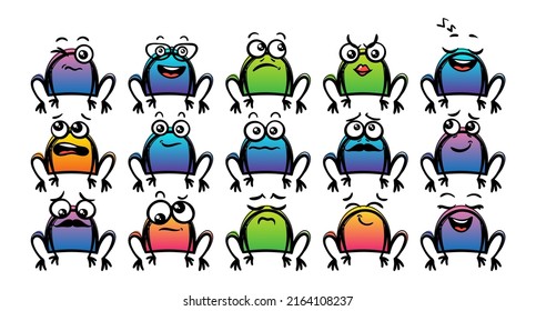 Various Cartoon Frogs Set. Doodle faces, eyes and mouth. Caricature comic expressive emotions, smiling, crying and surprised character face expressions. Isolated vector illustration icons set