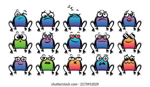Various Cartoon Frogs Set. Doodle faces, eyes and mouth. Caricature comic expressive emotions, smiling, crying and surprised character face expressions. Isolated vector illustration icons set