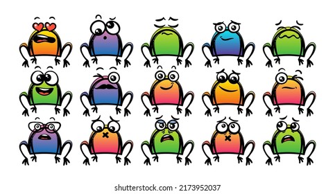 Various Cartoon Frogs Set. Doodle faces, eyes and mouth. Caricature comic expressive emotions, smiling, crying and surprised character face expressions. Isolated vector illustration icons set