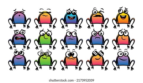 Various Cartoon Frogs Set. Doodle faces, eyes and mouth. Caricature comic expressive emotions, smiling, crying and surprised character face expressions. Isolated vector illustration icons set