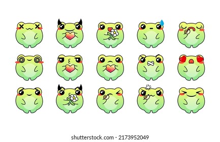 Various Cartoon Frogs Set. Doodle faces, eyes and mouth. Caricature comic expressive emotions, smiling, crying and surprised character face expressions. Isolated vector illustration icons set