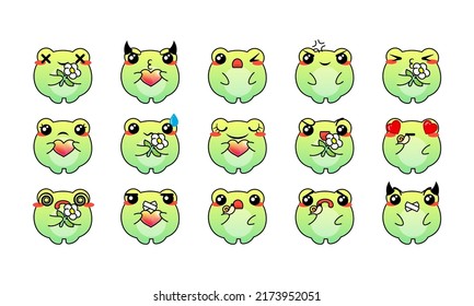 Various Cartoon Frogs Set. Doodle faces, eyes and mouth. Caricature comic expressive emotions, smiling, crying and surprised character face expressions. Isolated vector illustration icons set