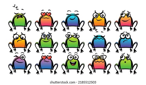 Various Cartoon Frogs Set. Doodle faces, eyes and mouth. Caricature comic expressive emotions, smiling, crying and surprised character face expressions. Isolated vector illustration icons set