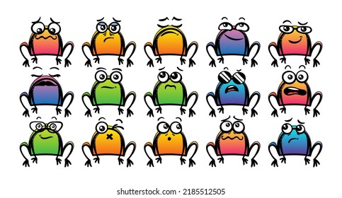Various Cartoon Frogs Set. Doodle faces, eyes and mouth. Caricature comic expressive emotions, smiling, crying and surprised character face expressions. Isolated vector illustration icons set