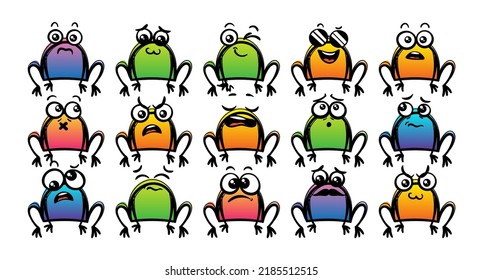Various Cartoon Frogs Set. Doodle faces, eyes and mouth. Caricature comic expressive emotions, smiling, crying and surprised character face expressions. Isolated vector illustration icons set